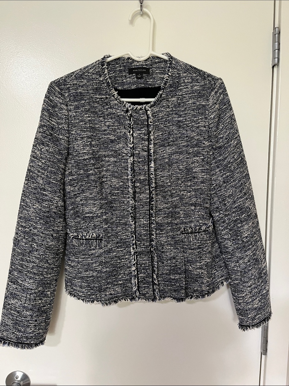 Ann Taylor Navy and White Tweed Open-Front Jacket